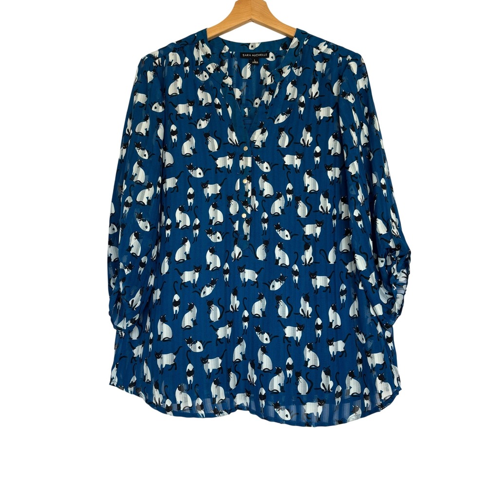 Sara Michelle Blue Siamese All Over Cat Print Tunic Blouse with Camisole Large‎